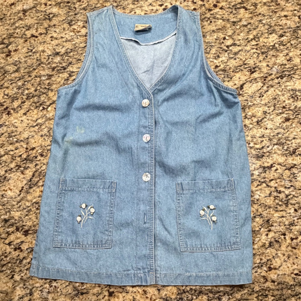 Monique Fashions Vintage Denim Vest Women 8 Blue Floral Embroidered Cotton